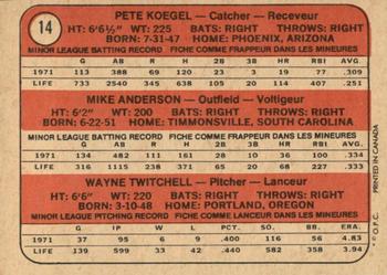 1972 O-Pee-Chee #14 Phillies 1972 Rookie Stars (Pete Koegel / Mike Anderson / Wayne Twitchell) Back