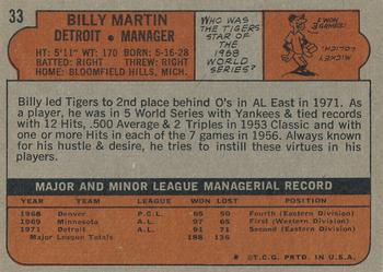 1972 O-Pee-Chee #33 Billy Martin Back