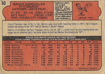 1972 O-Pee-Chee #60 Manny Sanguillen Back