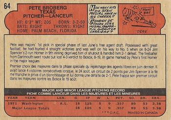 1972 O-Pee-Chee #64 Pete Broberg Back