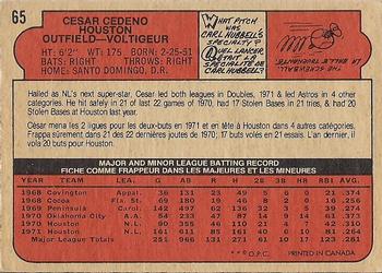 1972 O-Pee-Chee #65 Cesar Cedeno Back