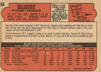 1972 O-Pee-Chee #66 Ray Corbin Back