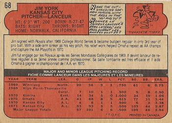 1972 O-Pee-Chee #68 Jim York Back