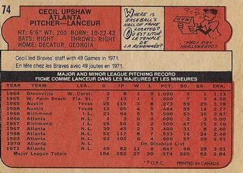 1972 O-Pee-Chee #74 Cecil Upshaw Back