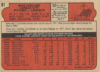 1972 O-Pee-Chee #81 Mike Hedlund Back