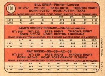 1972 O-Pee-Chee #101 Astros 1972 Rookie Stars (Bill Greif / J.R. Richard / Ray Busse) Back