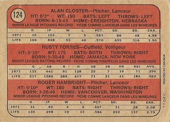 1972 O-Pee-Chee #124 Yankees 1972 Rookie Stars (Alan Closter / Rusty Torres / Roger Hambright) Back
