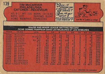 1972 O-Pee-Chee #139 Tim McCarver Back