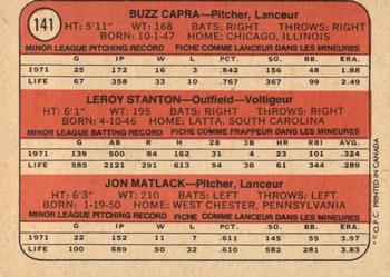 1972 O-Pee-Chee #141 Mets 1972 Rookie Stars (Buzz Capra / Leroy Stanton / Jon Matlack) Back