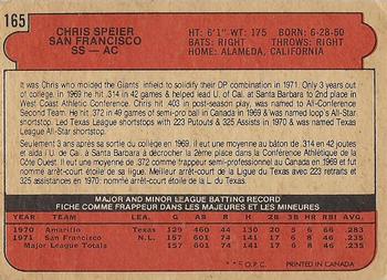 1972 O-Pee-Chee #165 Chris Speier Back