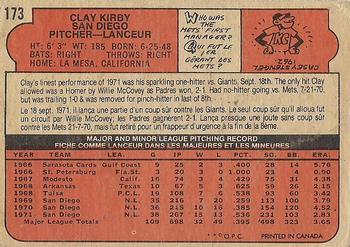 1972 O-Pee-Chee #173 Clay Kirby Back