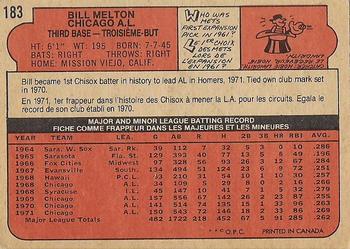 1972 O-Pee-Chee #183 Bill Melton Back