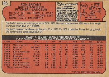 1972 O-Pee-Chee #185 Ron Bryant Back