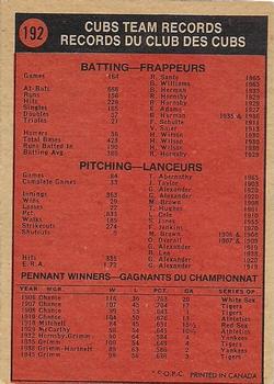 1972 O-Pee-Chee #192 Chicago Cubs Back