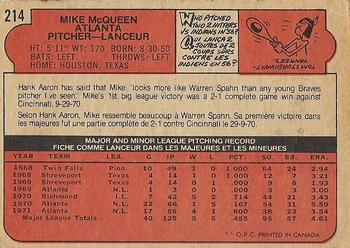 1972 O-Pee-Chee #214 Mike McQueen Back