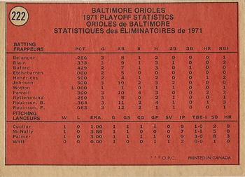 1972 O-Pee-Chee #222 1971 A.L. Playoffs - Orioles Champs! Back