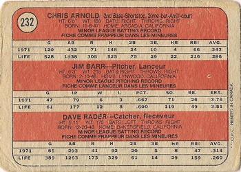 1972 O-Pee-Chee #232 Giants 1972 Rookie Stars (Chris Arnold / Jim Barr / Dave Rader) Back