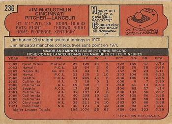 1972 O-Pee-Chee #236 Jim McGlothlin Back