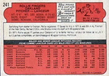 1972 O-Pee-Chee #241 Rollie Fingers Back