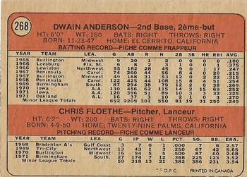 1972 O-Pee-Chee #268 A's 1972 Rookie Stars (Dwain Anderson / Chris Floethe) Back