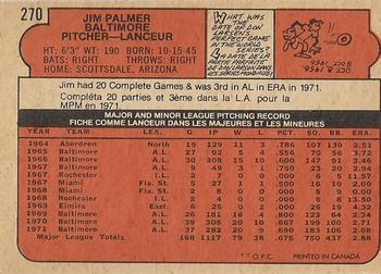 1972 O-Pee-Chee #270 Jim Palmer Back