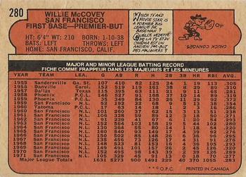 1972 O-Pee-Chee #280 Willie McCovey Back