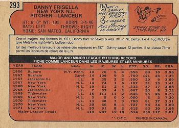 1972 O-Pee-Chee #293 Danny Frisella Back