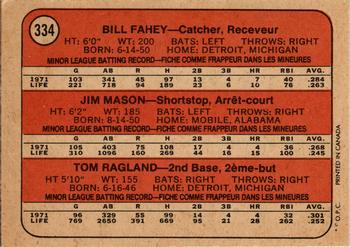 1972 O-Pee-Chee #334 Rangers 1972 Rookie Stars (Bill Fahey / Jim Mason / Tom Ragland) Back