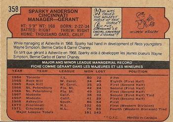 1972 O-Pee-Chee #358 Sparky Anderson Back