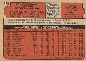 1972 O-Pee-Chee #363 Ron Klimkowski Back