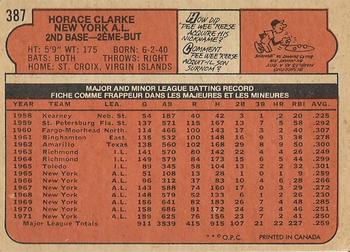 1972 O-Pee-Chee #387 Horace Clarke Back