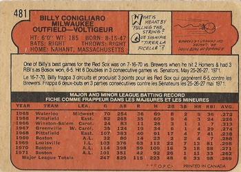 1972 O-Pee-Chee #481 Billy Conigliaro Back