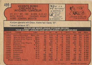 1972 O-Pee-Chee #499 Vicente Romo Back