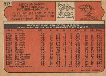 1972 O-Pee-Chee #513 Lindy McDaniel Back