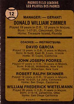1973 O-Pee-Chee #12 Padres Field Leaders (Don Zimmer / Dave Garcia / Johnny Podres / Bob Skinner / Whitey Wietelmann) Back