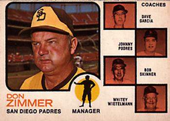 1973 O-Pee-Chee #12 Padres Field Leaders (Don Zimmer / Dave Garcia / Johnny Podres / Bob Skinner / Whitey Wietelmann) Front
