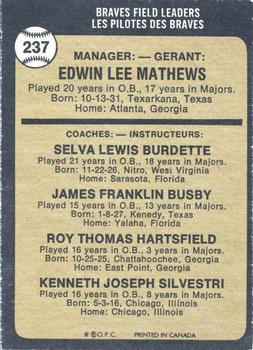 1973 O-Pee-Chee #237 Braves Field Leaders (Eddie Mathews / Lew Burdette / Jim Busby / Roy Hartsfield / Ken Silvestri) Back