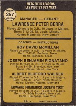 1973 O-Pee-Chee #257 Mets Field Leaders (Yogi Berra / Roy McMillan / Joe Pignatano / Rube Walker / Eddie Yost) Back