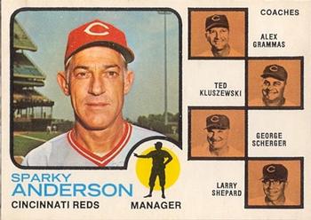 1973 O-Pee-Chee #296 Reds Field Leaders (Sparky Anderson / Larry Shepard / George Scherger / Ted Kluszewski / Alex Grammas) Front