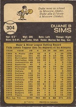 1973 O-Pee-Chee #304 Duke Sims Back