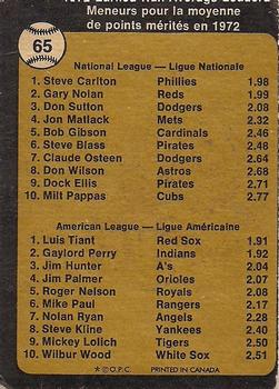 1973 O-Pee-Chee #65 1972 Earned Run Average Leaders (Steve Carlton / Luis Tiant) Back