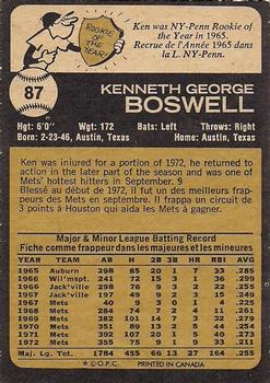 1973 O-Pee-Chee #87 Ken Boswell Back