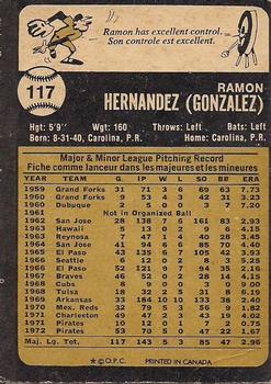 1973 O-Pee-Chee #117 Ramon Hernandez Back