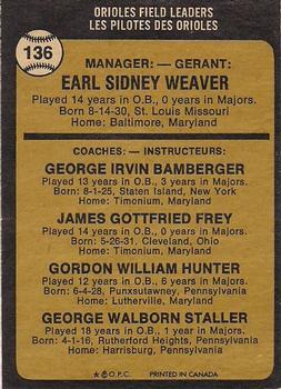 1973 O-Pee-Chee #136 Orioles Field Leaders (Earl Weaver / George Bamberger / Jim Frey / Billy Hunter / George Staller) Back