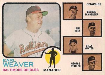 1973 O-Pee-Chee #136 Orioles Field Leaders (Earl Weaver / George Bamberger / Jim Frey / Billy Hunter / George Staller) Front