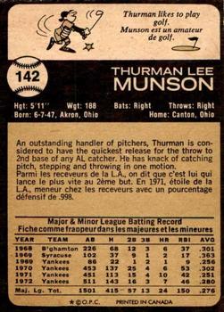 1973 O-Pee-Chee #142 Thurman Munson Back
