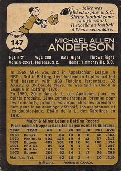 1973 O-Pee-Chee #147 Mike Anderson Back
