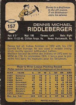 1973 O-Pee-Chee #157 Denny Riddleberger Back