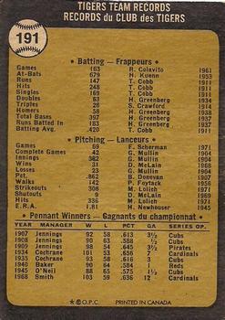 1973 O-Pee-Chee #191 Detroit Tigers Back