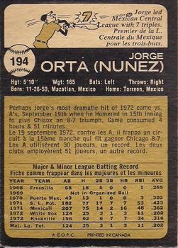 1973 O-Pee-Chee #194 Jorge Orta Back